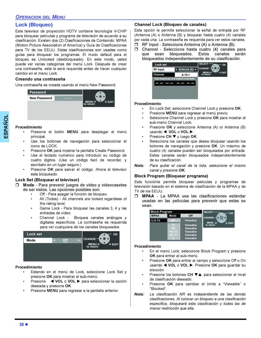 Panasonic PT 47WXD64 Creando una contraseña, Lock Set Bloquear el televisor, Channel Lock Bloqueo de canales 