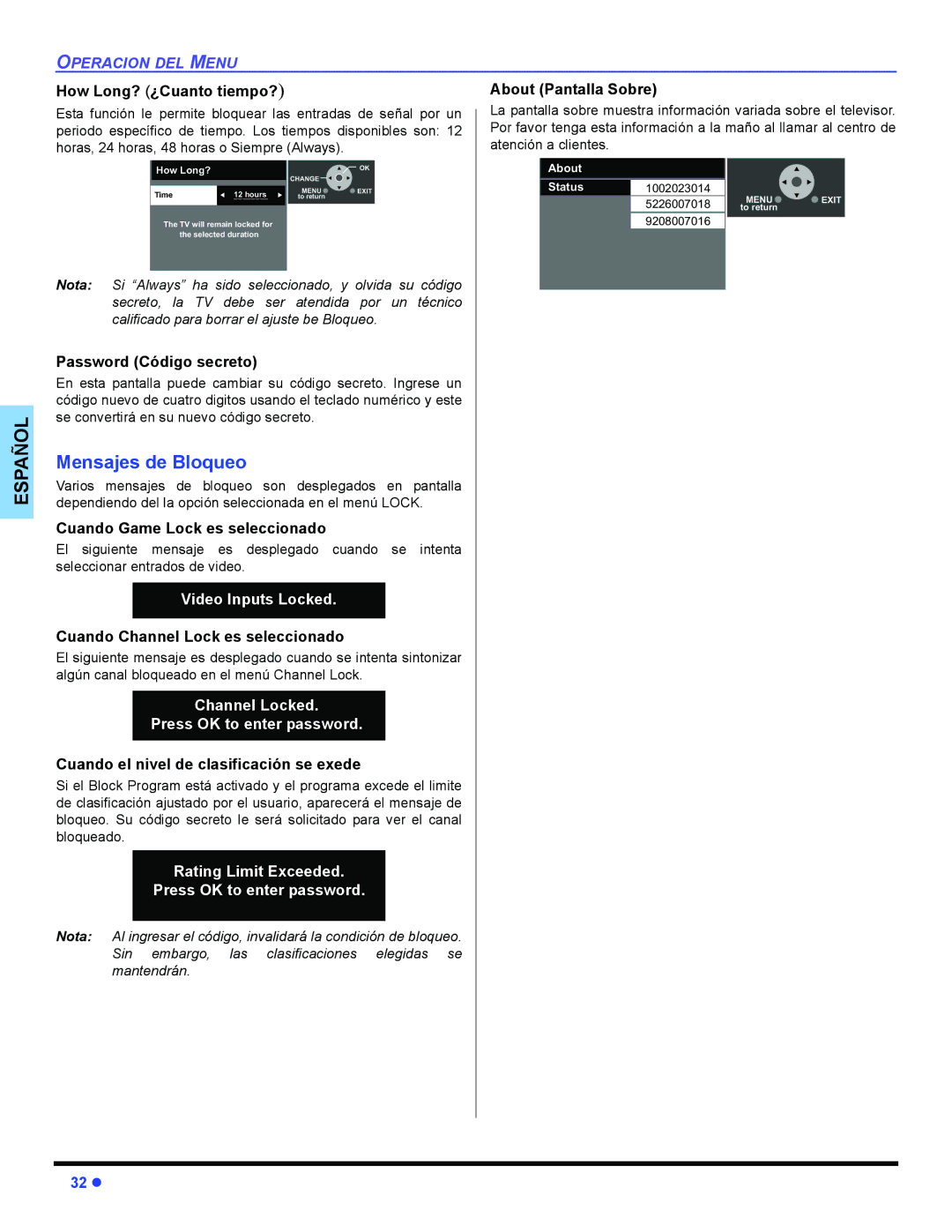 Panasonic PT 47WXD64 operating instructions Mensajes de Bloqueo 