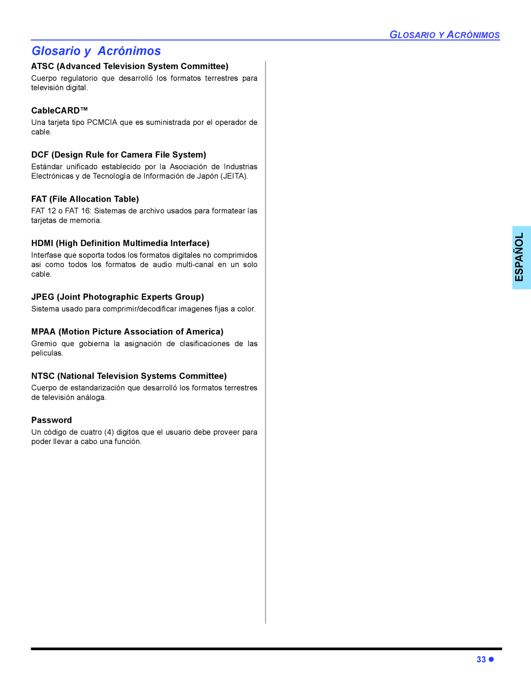 Panasonic PT 47WXD64 operating instructions Glosario y Acrónimos, Atsc Advanced Television System Committee 