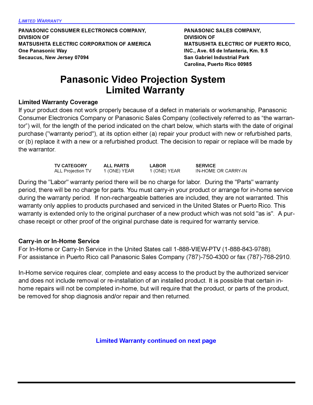 Panasonic PT 47WXD64 operating instructions Limited Warranty on next, ALL Projection TV 