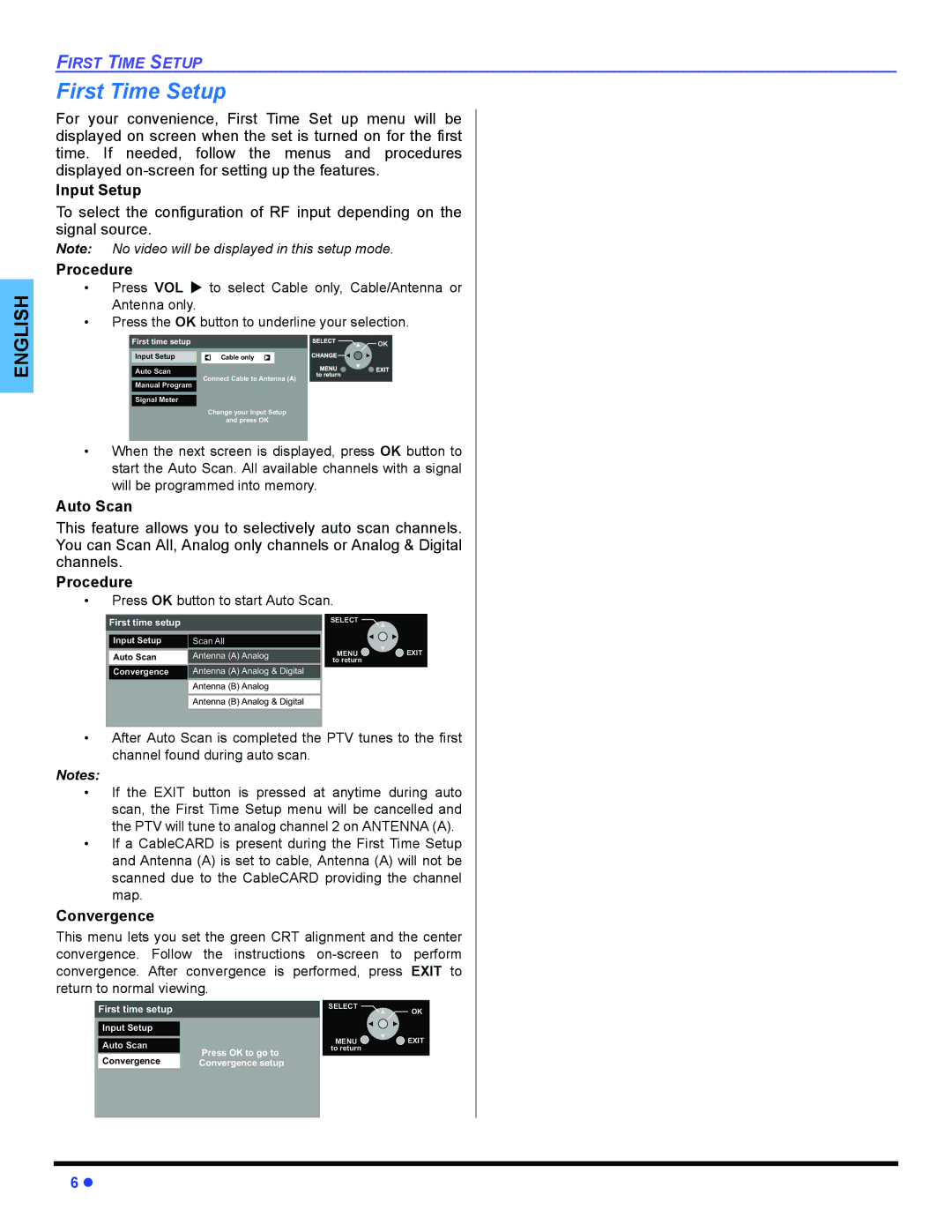 Panasonic PT 47WXD64 operating instructions First Time Setup, Input Setup, Procedure, Auto Scan, Convergence 