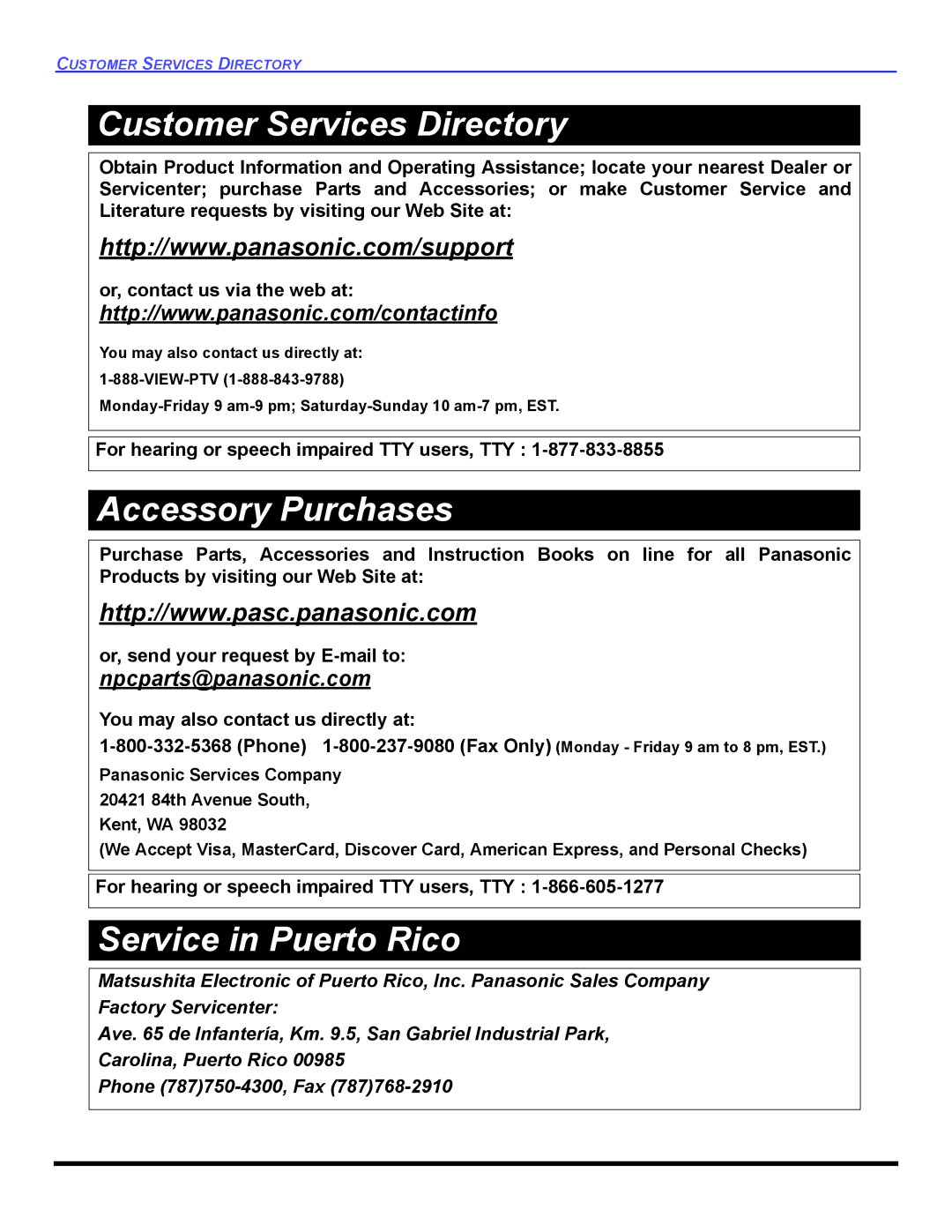 Panasonic PT 47WXD64 operating instructions Customer Services Directory 