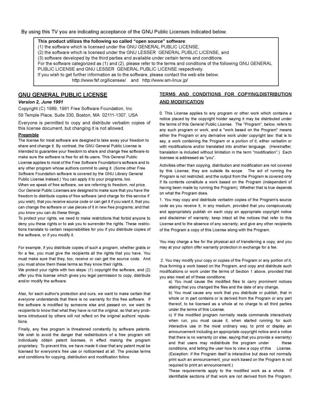 Panasonic PT 47WXD64 operating instructions GNU General Public License, Preamble 