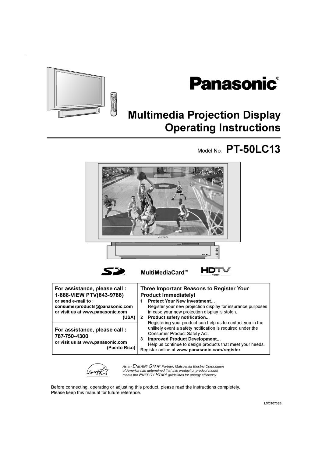 Panasonic operating instructions Multimedia Projection Display Operating Instructions, For assistance, please call, Usa 