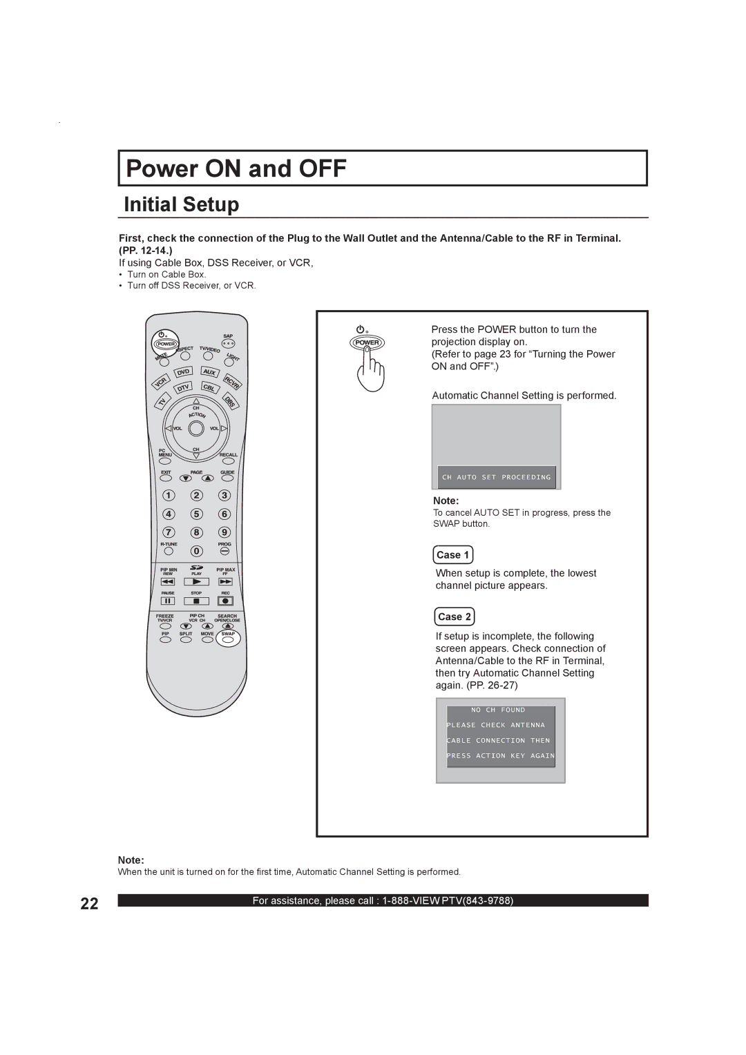 Panasonic PT-50LC13 operating instructions Power on and OFF, Initial Setup, If using Cable Box, DSS Receiver, or VCR, Case 