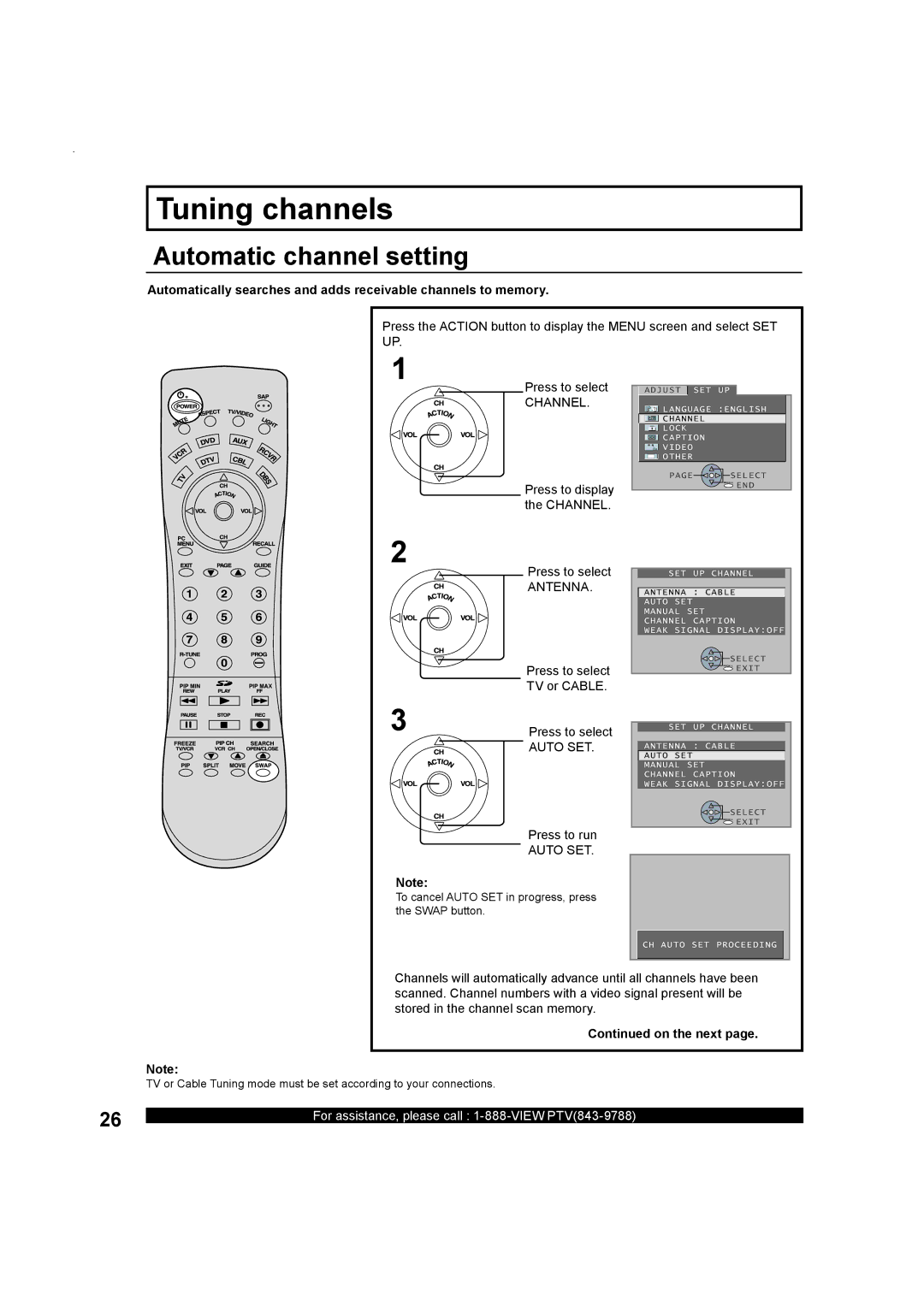 Panasonic PT-50LC13, Multimedia Projection Display Tuning channels, Automatic channel setting, On the next 