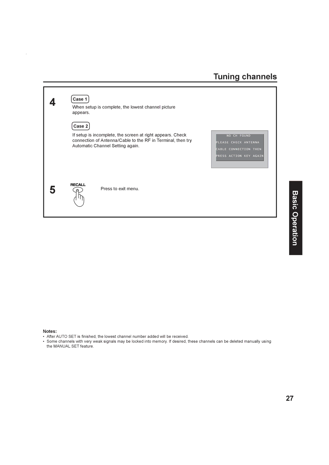 Panasonic Multimedia Projection Display Tuning channels, When setup is complete, the lowest channel picture, Appears 