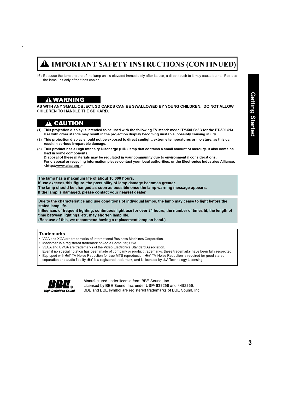 Panasonic Multimedia Projection Display, PT-50LC13 operating instructions Trademarks 