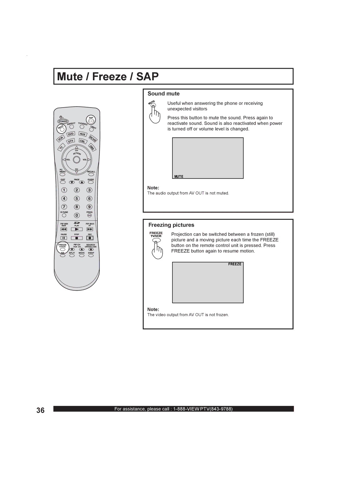 Panasonic PT-50LC13, Multimedia Projection Display operating instructions Mute / Freeze / SAP, Sound mute, Freezing pictures 