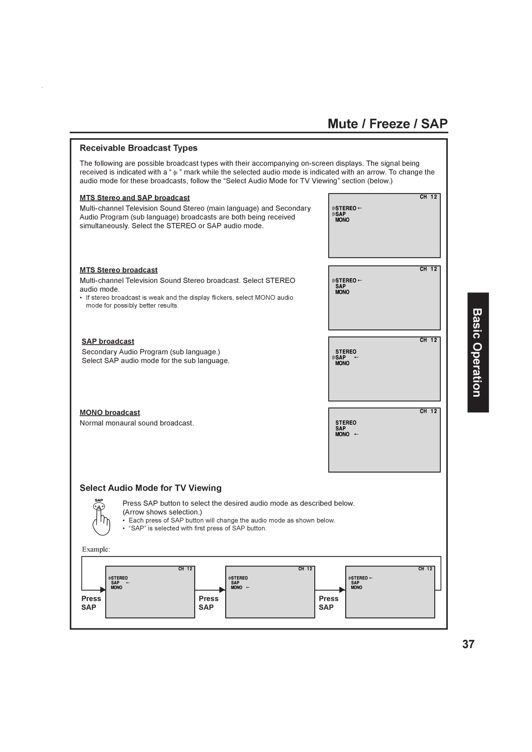 Panasonic Multimedia Projection Display Mute / Freeze / SAP, Receivable Broadcast Types, Select Audio Mode for TV Viewing 