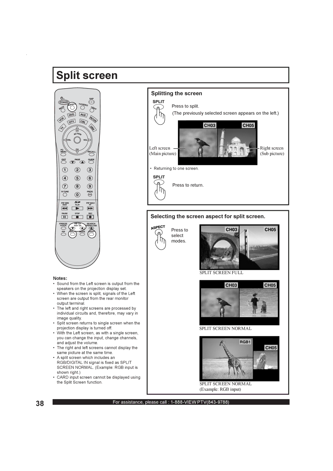 Panasonic PT-50LC13 Split screen, Splitting the screen, Selecting the screen aspect for split screen, Press to return 