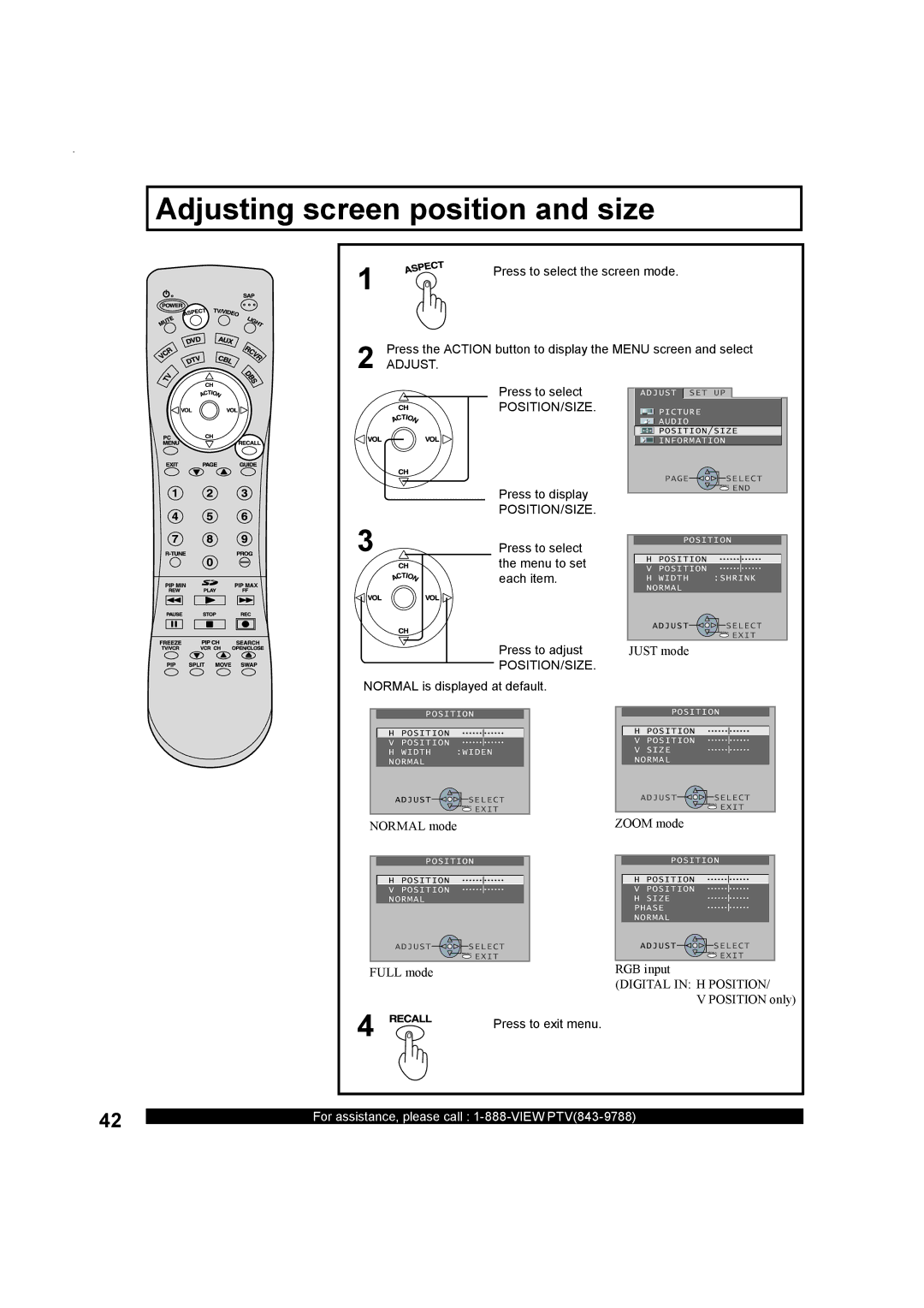 Panasonic PT-50LC13, Multimedia Projection Display operating instructions Adjusting screen position and size, Position/Size 