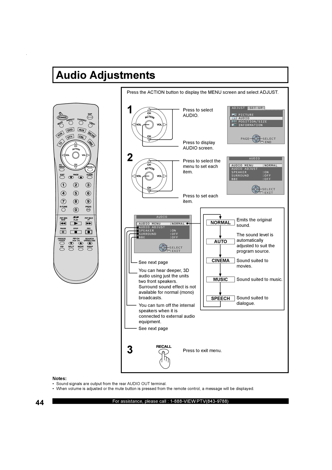 Panasonic PT-50LC13, Multimedia Projection Display operating instructions Audio Adjustments, Normal Auto Cinema Music Speech 