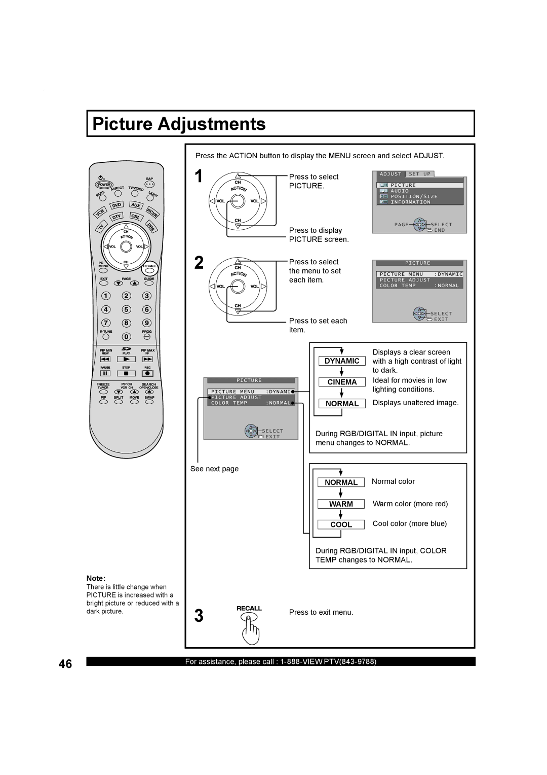 Panasonic PT-50LC13, Multimedia Projection Display operating instructions Picture Adjustments, Dynamic, Warm, Cool 