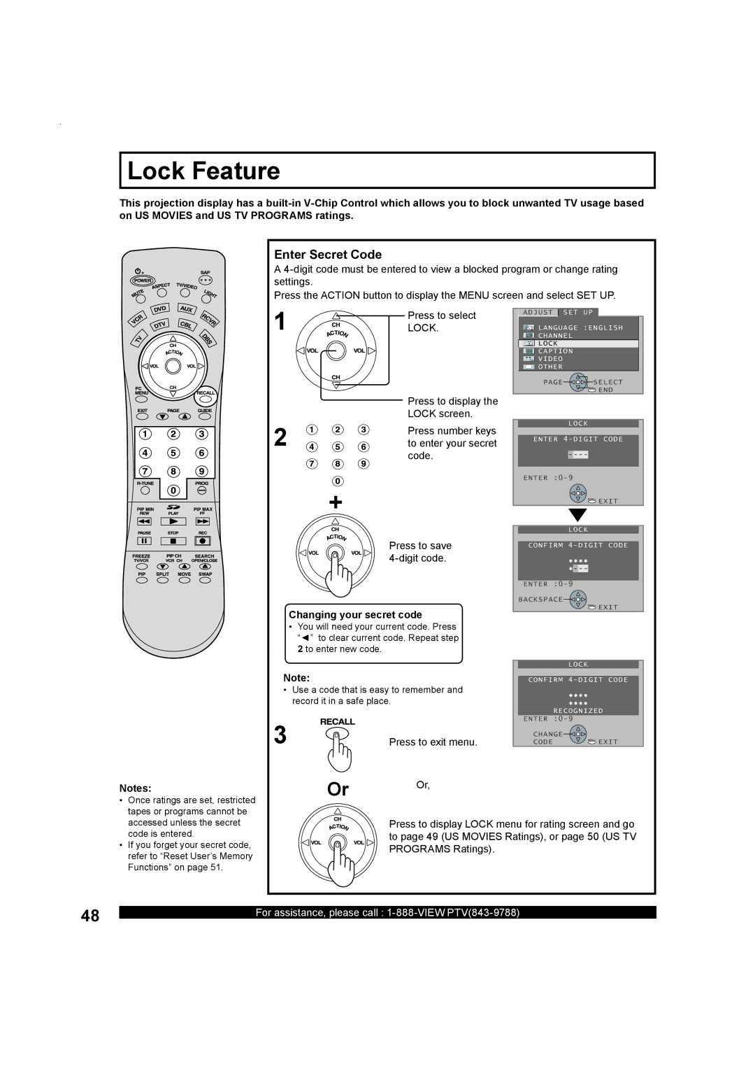 Panasonic PT-50LC13, Multimedia Projection Display Lock Feature, Or Or, Enter Secret Code, Changing your secret code 