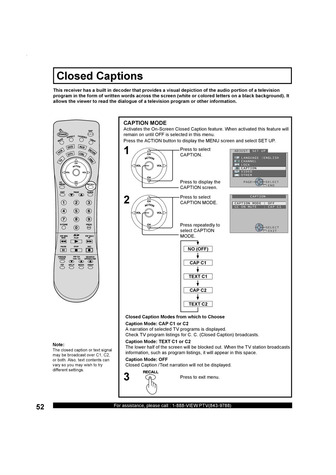 Panasonic PT-50LC13 Closed Captions, No OFF CAP C1 Text C1 CAP C2 Text C2, Caption Mode Text C1 or C2, Caption Mode OFF 