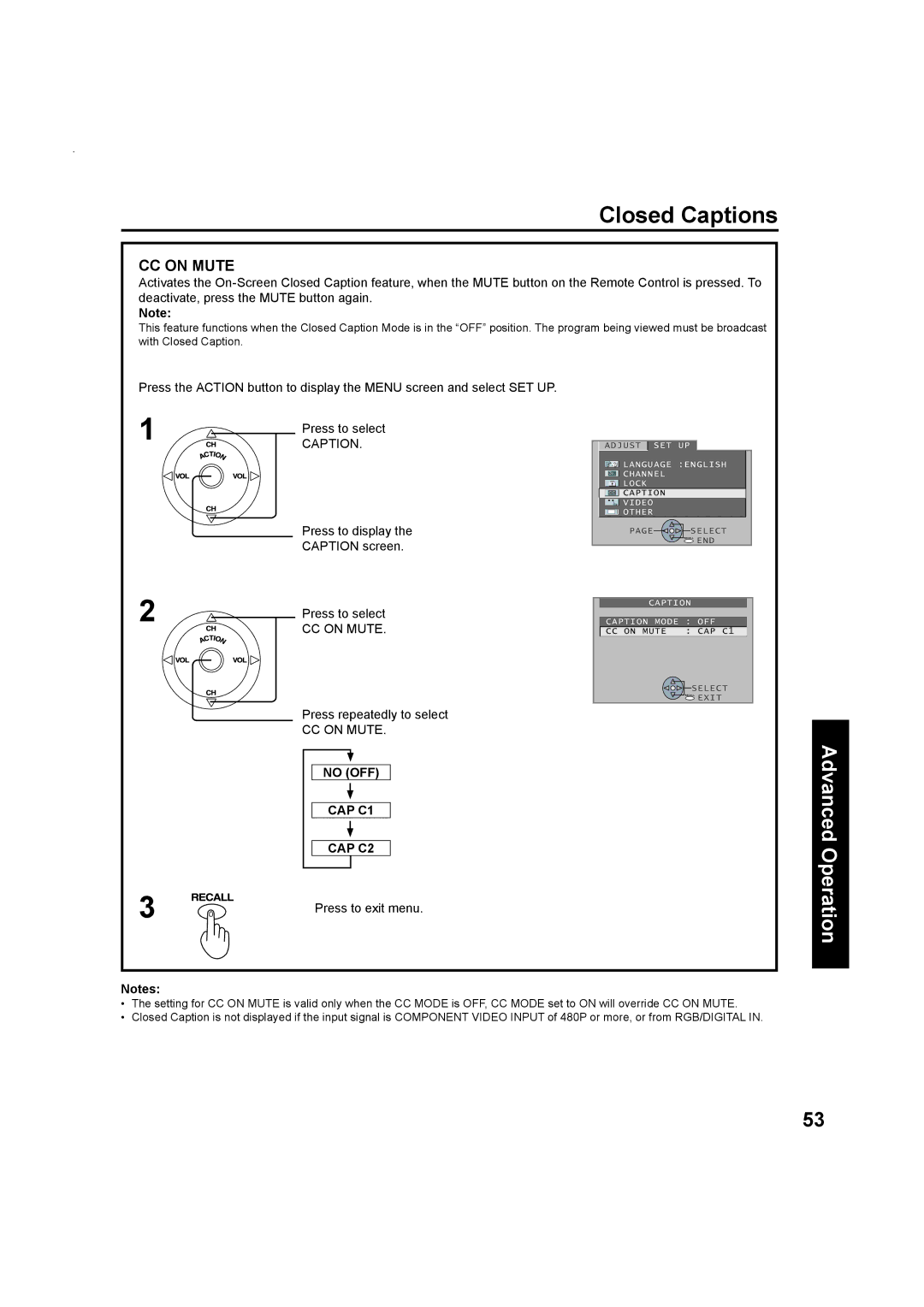 Panasonic Multimedia Projection Display Closed Captions, CC on Mute, Press repeatedly to select, No OFF CAP C1 CAP C2 