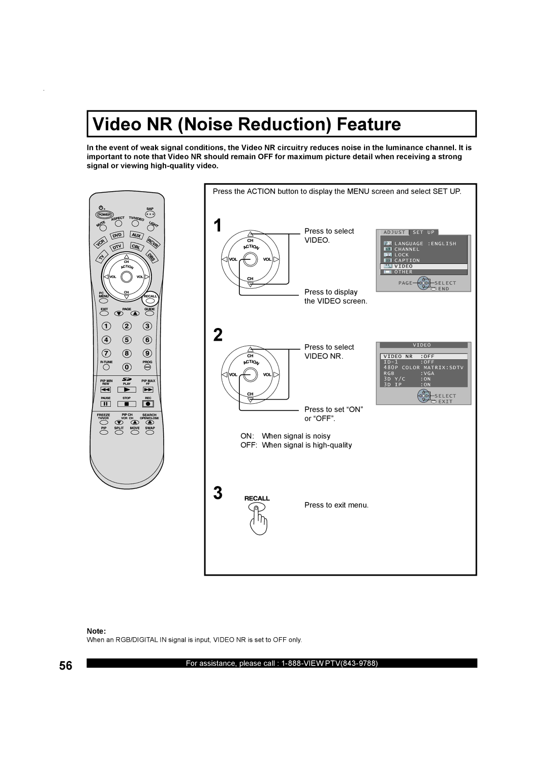 Panasonic PT-50LC13, Multimedia Projection Display Video NR Noise Reduction Feature, Press to display the Video screen 