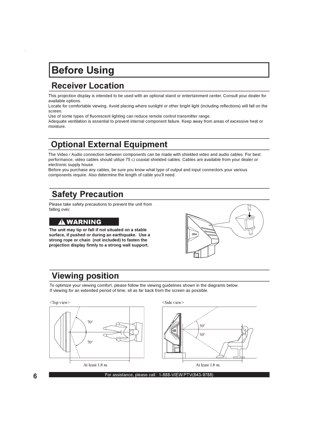 Panasonic PT-50LC13 Before Using, Receiver Location, Optional External Equipment, Safety Precaution, Viewing position 