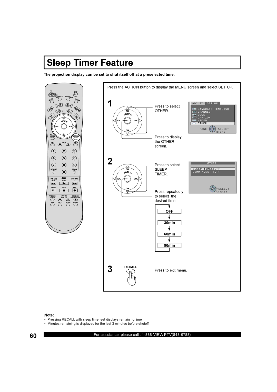 Panasonic PT-50LC13, Multimedia Projection Display operating instructions Sleep Timer Feature, Other, Off, 30min 60min 90min 