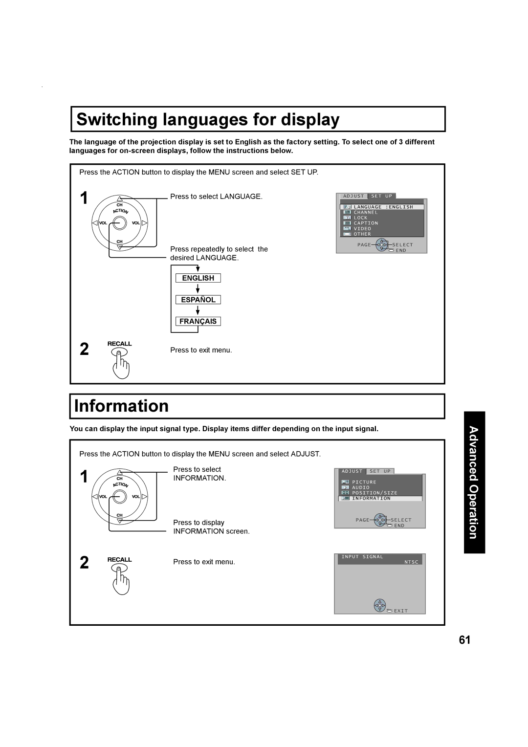 Panasonic Multimedia Projection Display, PT-50LC13 Switching languages for display, Information, English Español Français 