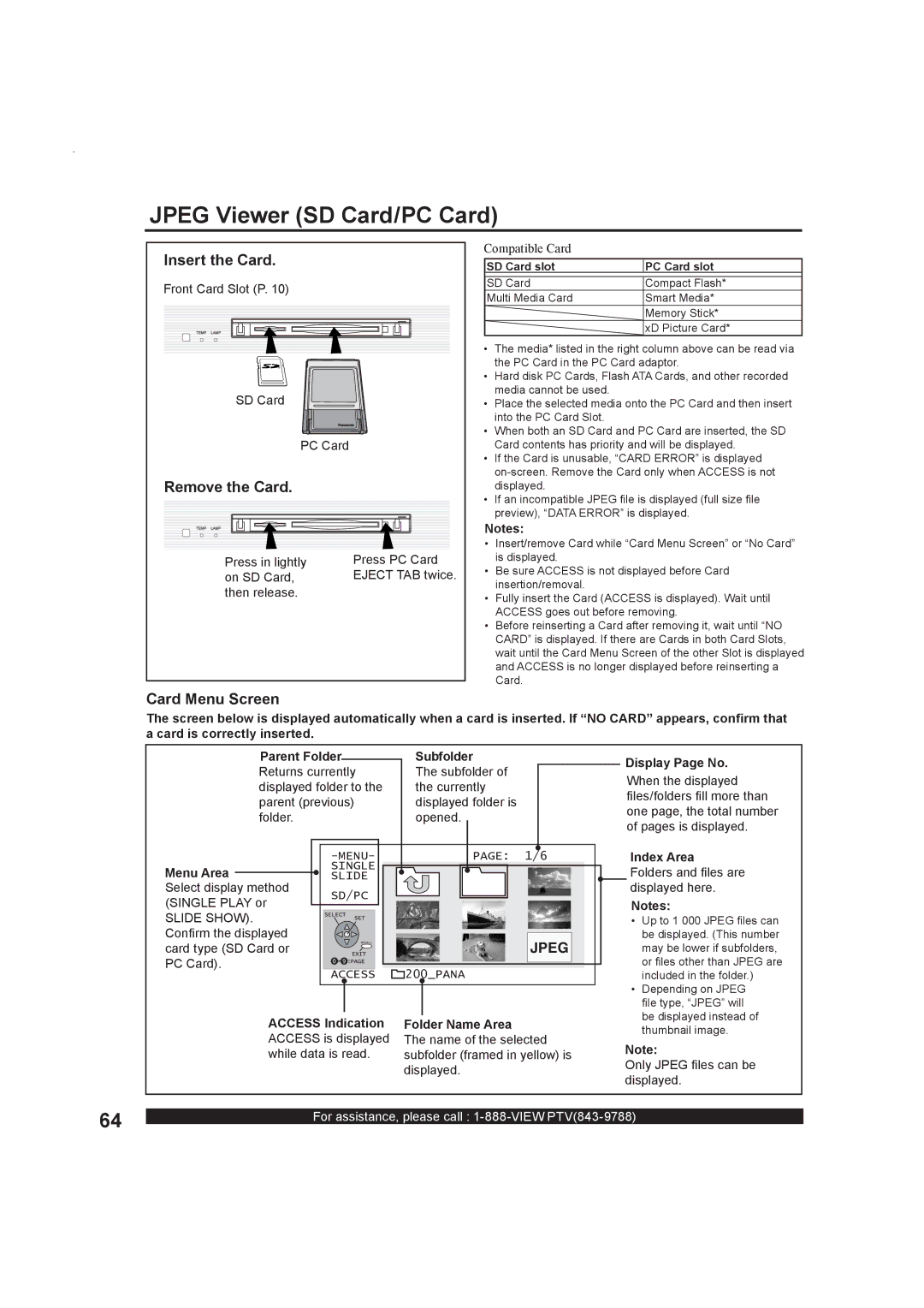 Panasonic PT-50LC13 operating instructions Jpeg Viewer SD Card/PC Card, Insert the Card, Remove the Card, Card Menu Screen 