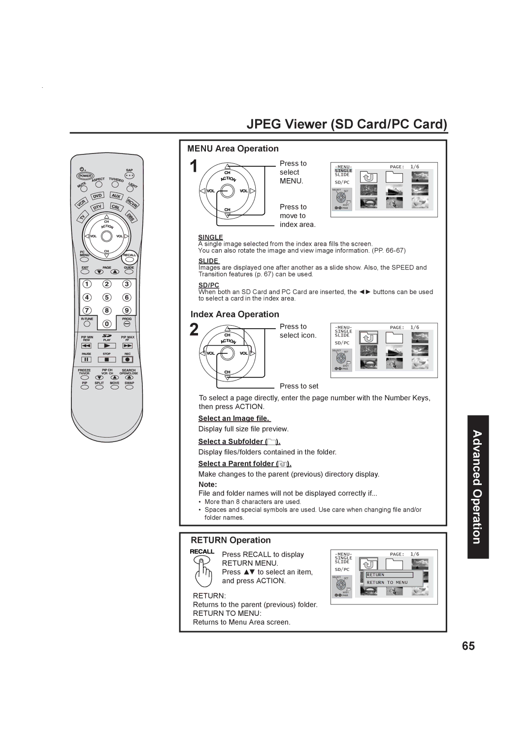 Panasonic Multimedia Projection Display, PT-50LC13 Menu Area Operation, Index Area Operation, Return Operation 