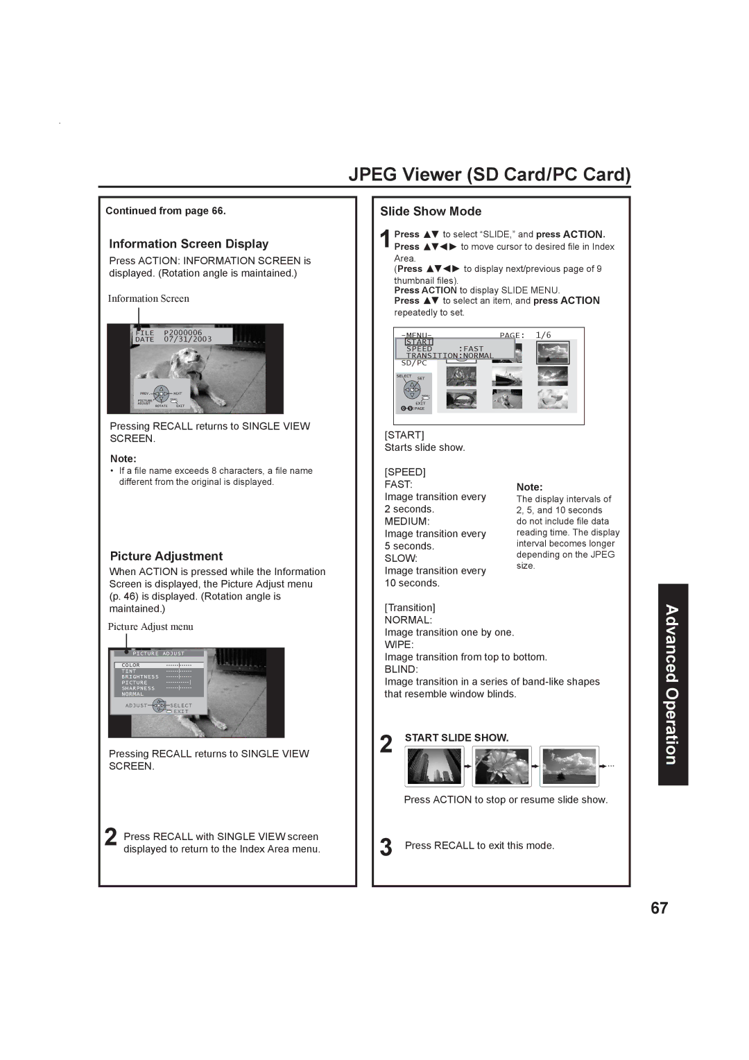 Panasonic Multimedia Projection Display, PT-50LC13 Information Screen Display, Slide Show Mode, Picture Adjustment, From 