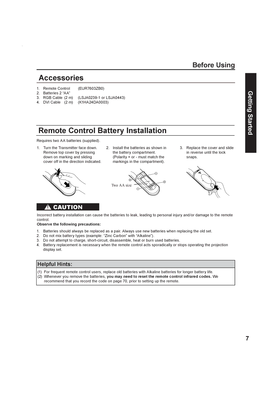 Panasonic Multimedia Projection Display, PT-50LC13 Accessories, Remote Control Battery Installation, Before Using 