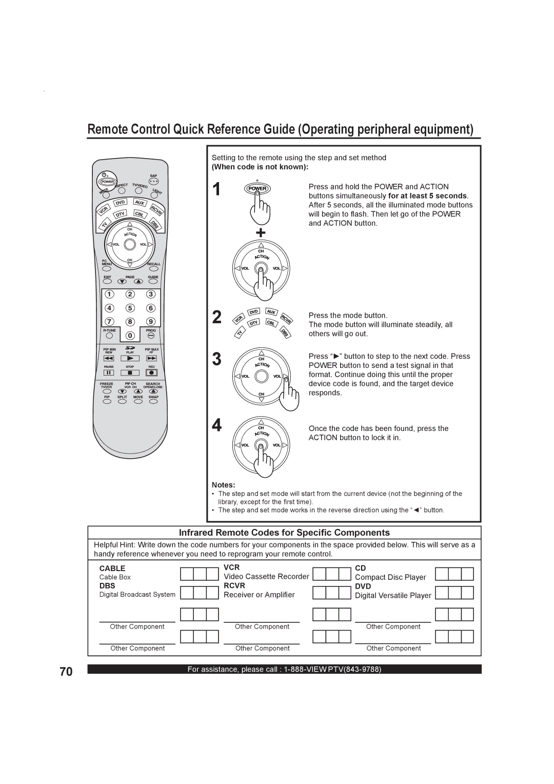 Panasonic PT-50LC13 operating instructions Infrared Remote Codes for Speciﬁc Components, When code is not known, Cable 