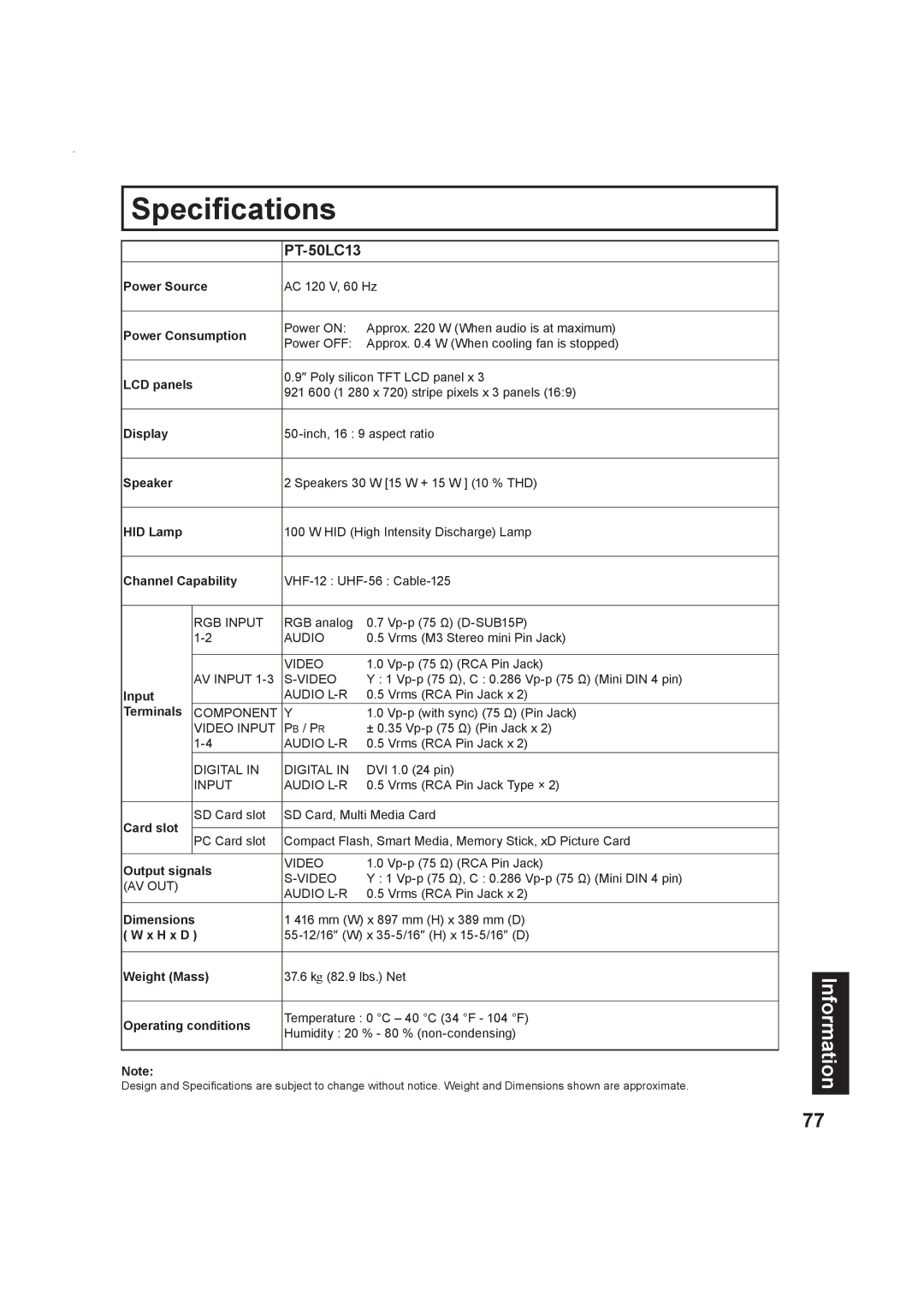 Panasonic Multimedia Projection Display operating instructions Speciﬁcations, PT-50LC13 