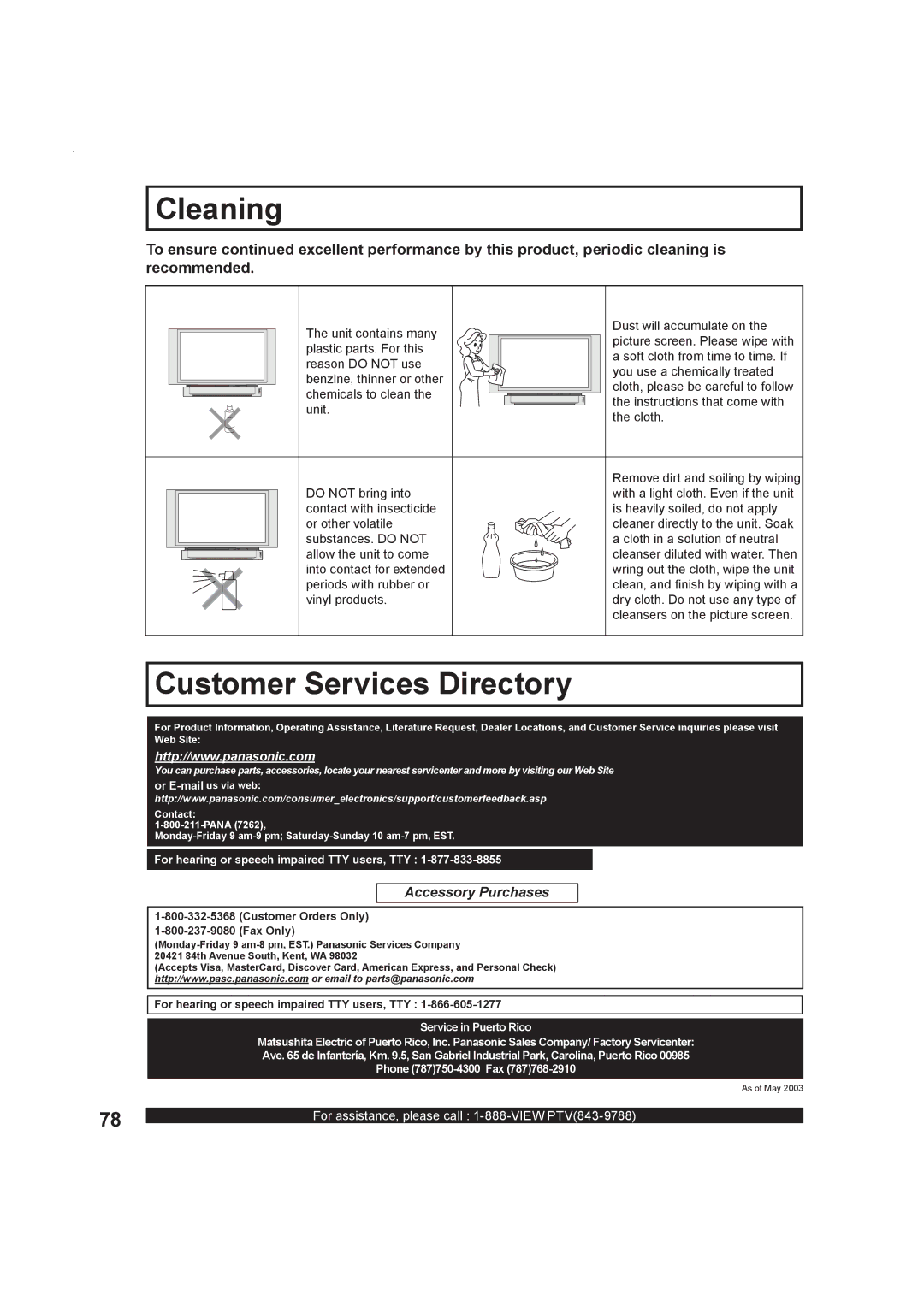 Panasonic PT-50LC13, Multimedia Projection Display operating instructions Cleaning, Customer Services Directory 