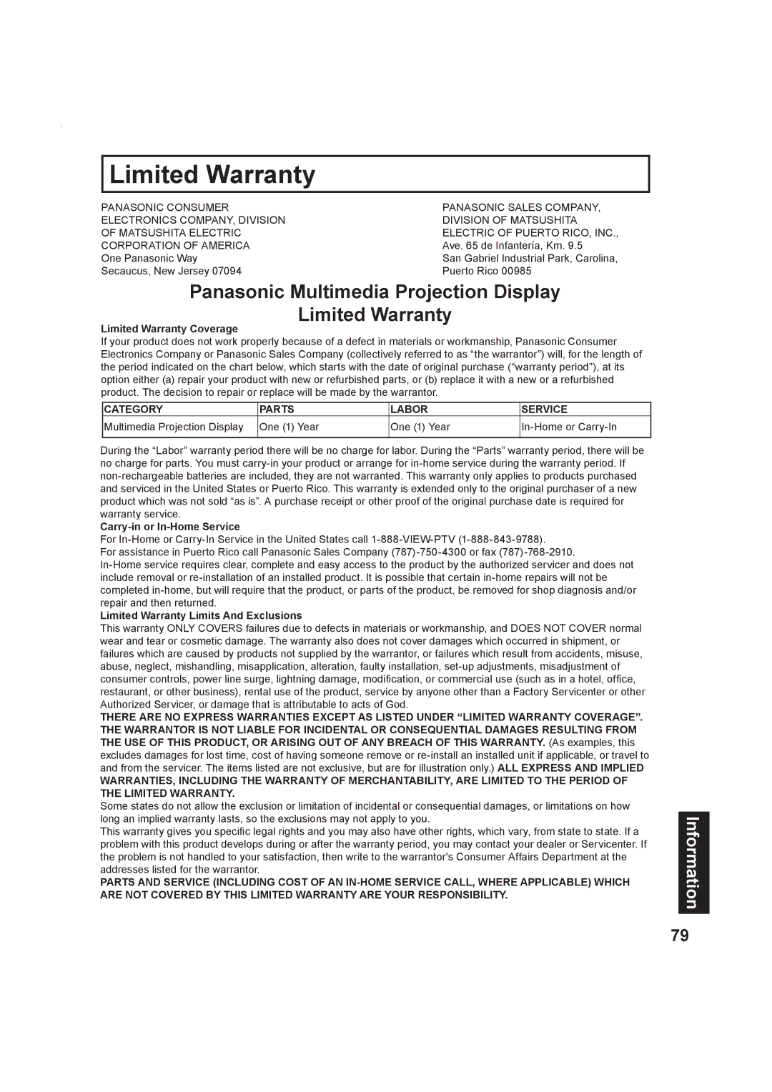 Panasonic PT-50LC13 Panasonic Multimedia Projection Display Limited Warranty, Category Parts Labor Service 