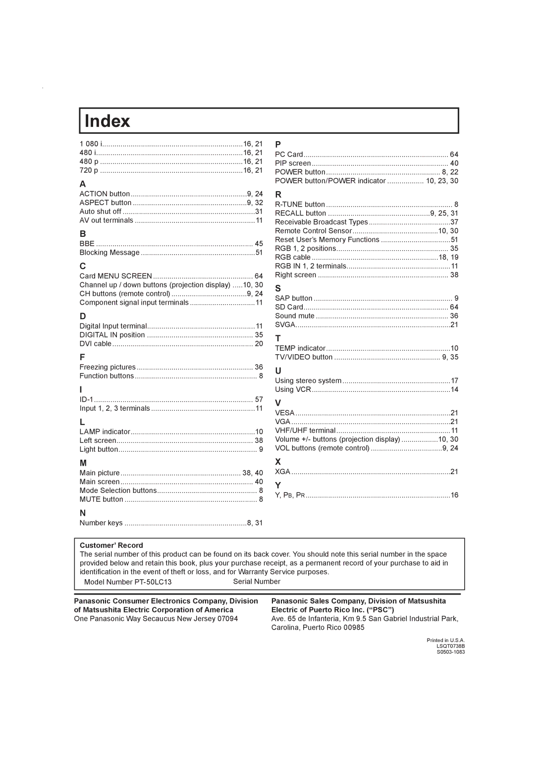 Panasonic PT-50LC13 Index, Channel up / down buttons projection display, Power button/POWER indicator 10, 23 