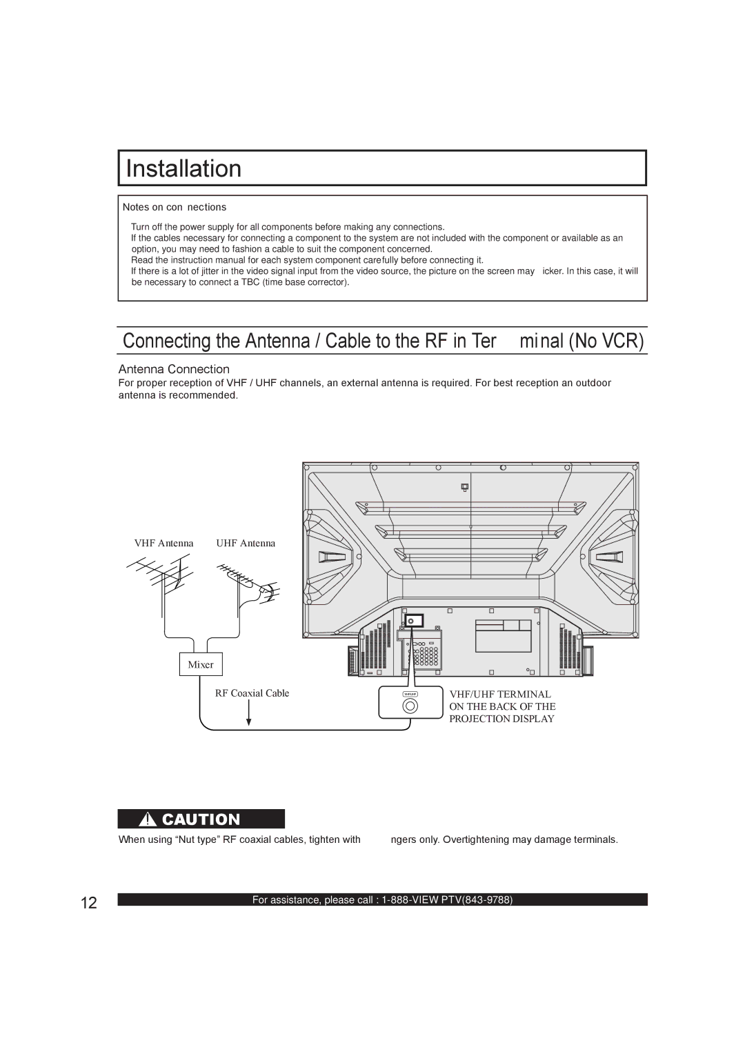 Panasonic PT-50LC13 manual Installation, Connecting the Antenna / Cable to the RF in Terminal No VCR, Antenna Connection 