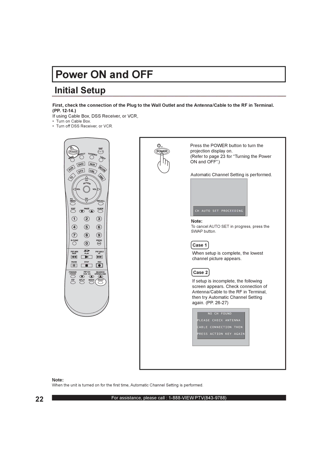 Panasonic PT-50LC13, PT-60LC13 manual Power on and OFF, Initial Setup, If using Cable Box, DSS Receiver, or VCR, Case 