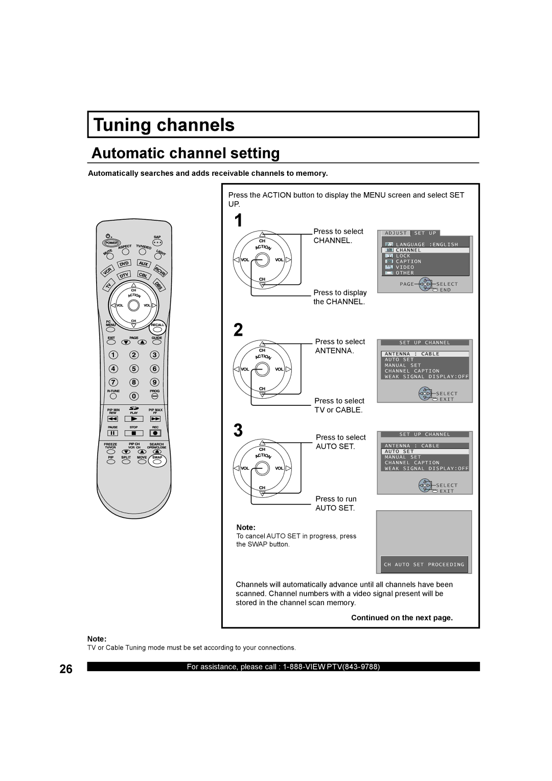 Panasonic PT-50LC13, PT-60LC13 manual Tuning channels, Automatic channel setting, On the next 