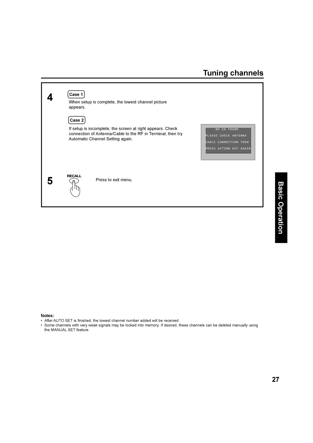 Panasonic PT-60LC13 manual Tuning channels, When setup is complete, the lowest channel picture, Appears, Press to exit menu 