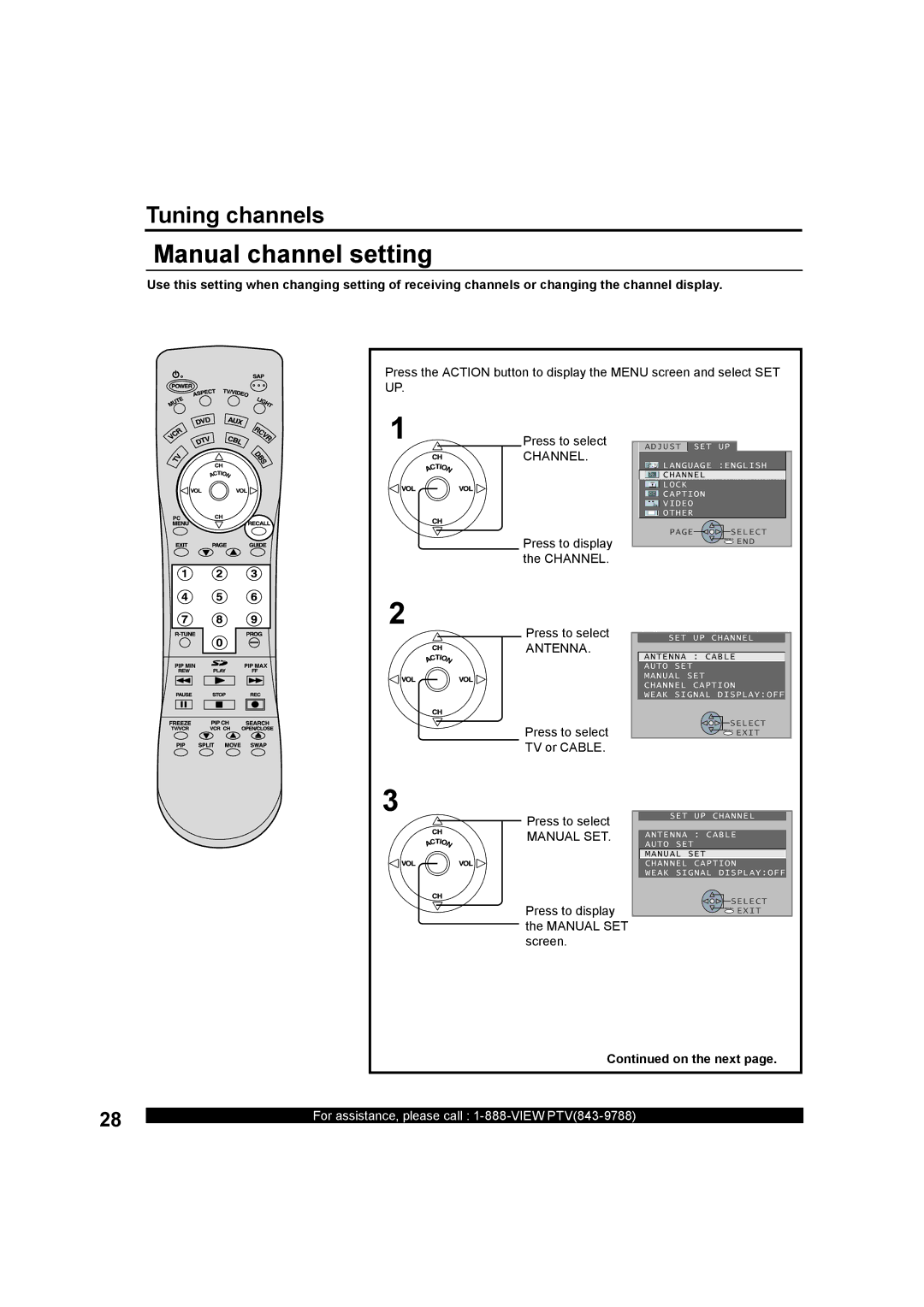 Panasonic PT-50LC13, PT-60LC13 manual Manual channel setting, Press to select TV or Cable, Manual SET 