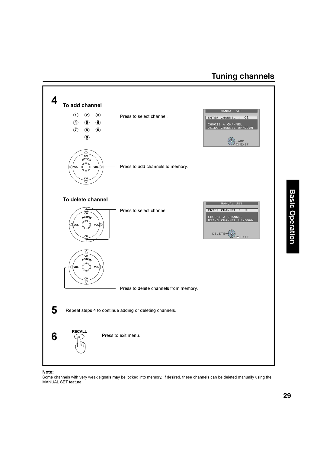 Panasonic PT-60LC13, PT-50LC13 To add channel, To delete channel, Press to select channel, Press to add channels to memory 