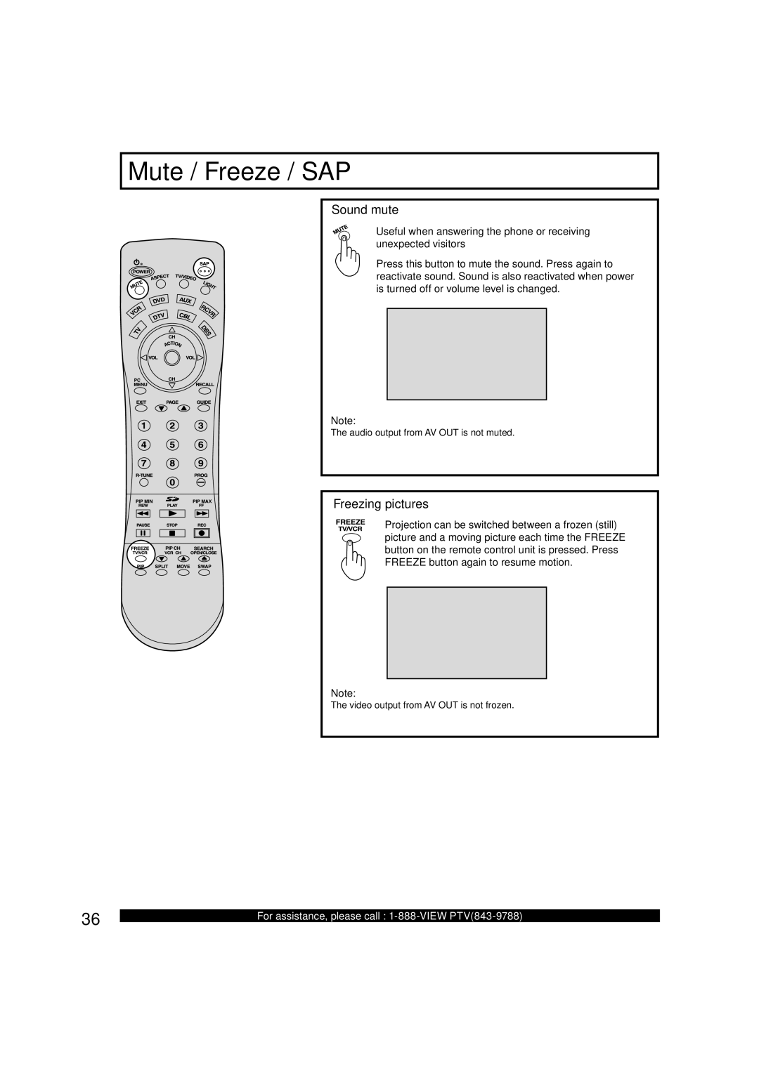 Panasonic PT-50LC13, PT-60LC13 manual Mute / Freeze / SAP, Sound mute, Freezing pictures 