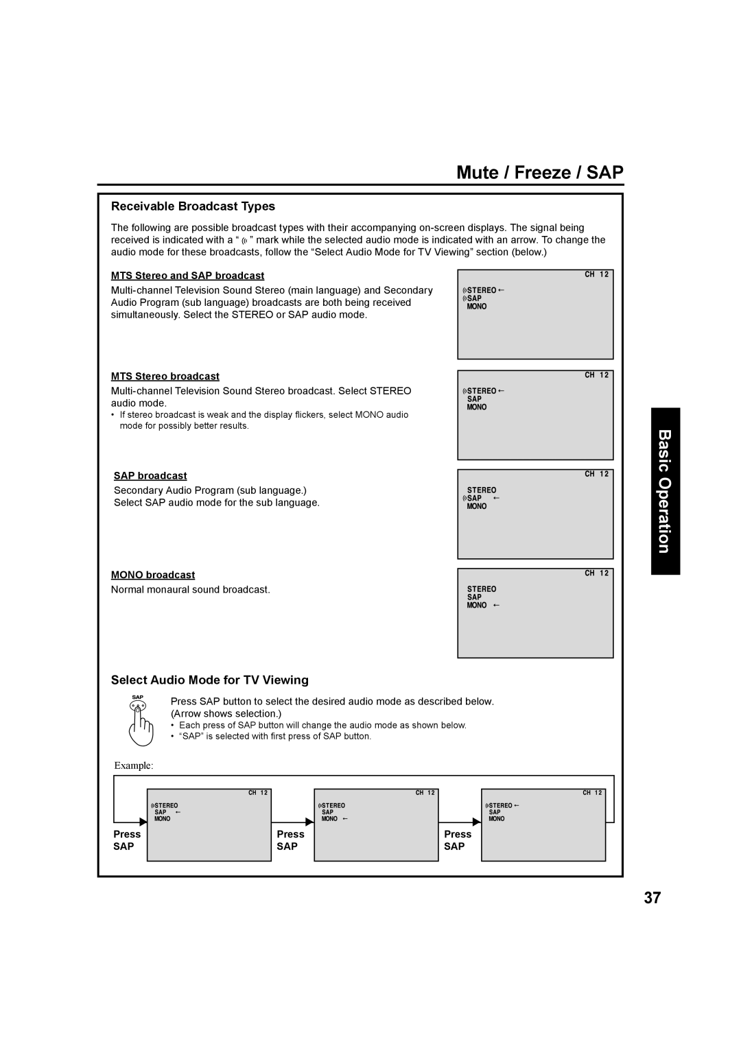 Panasonic PT-60LC13, PT-50LC13 manual Mute / Freeze / SAP, Receivable Broadcast Types, Select Audio Mode for TV Viewing, Sap 