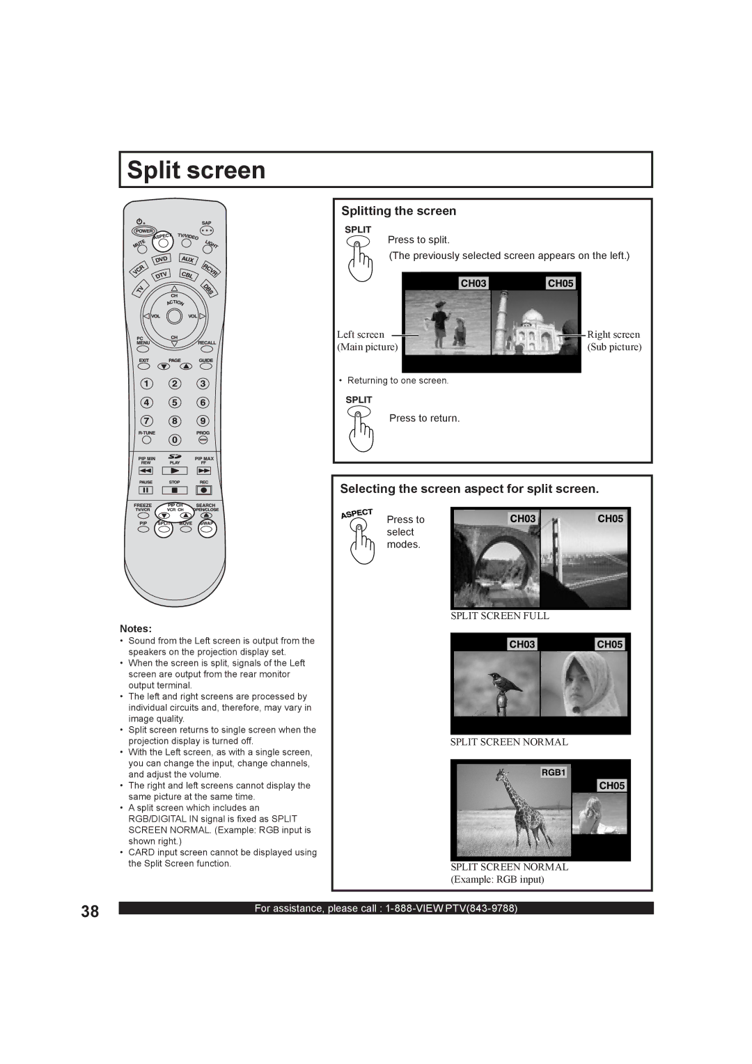 Panasonic PT-50LC13 Split screen, Splitting the screen, Selecting the screen aspect for split screen, Press to return 