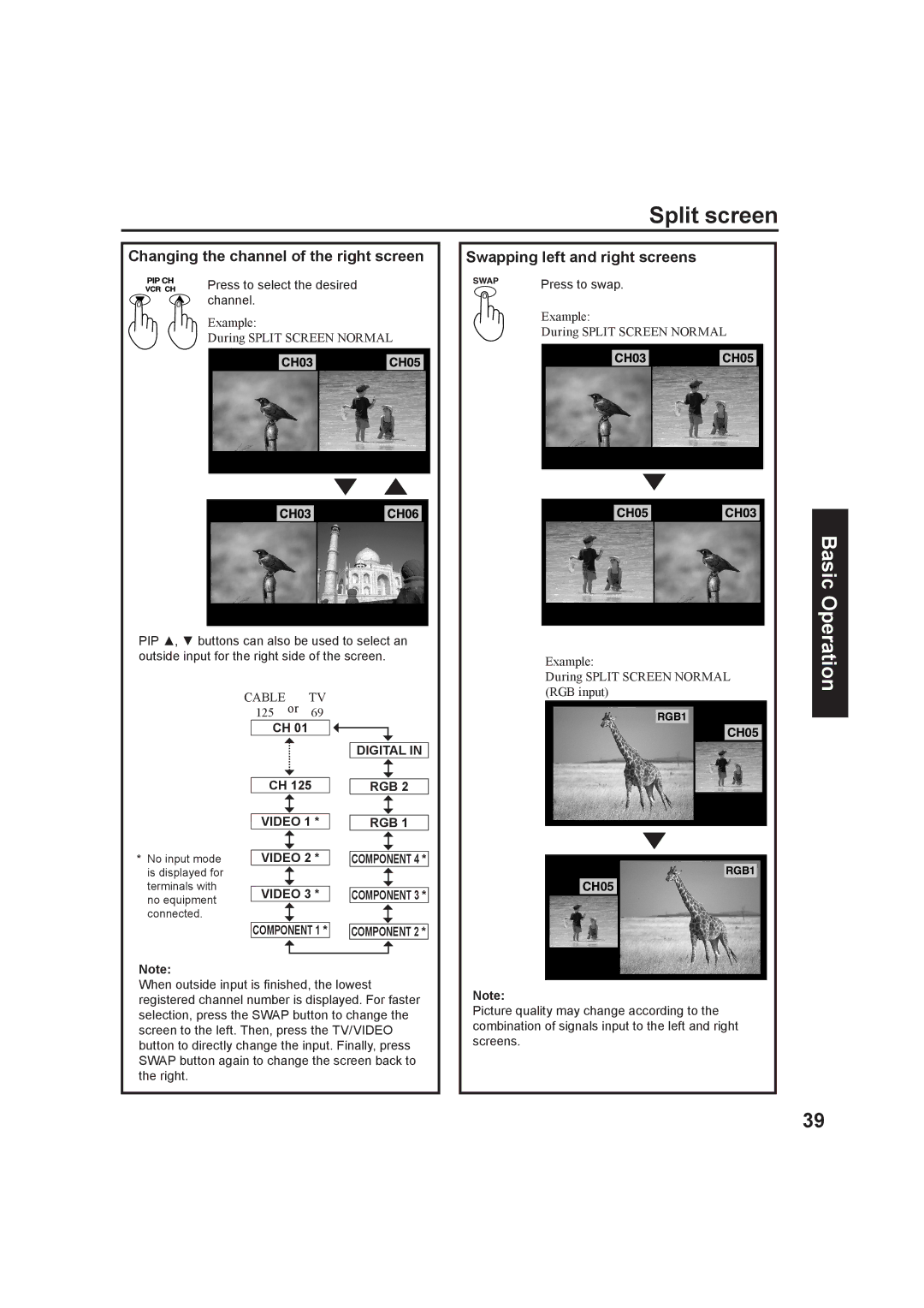 Panasonic PT-60LC13 manual Split screen, Changing the channel of the right screen, Swapping left and right screens, Video 