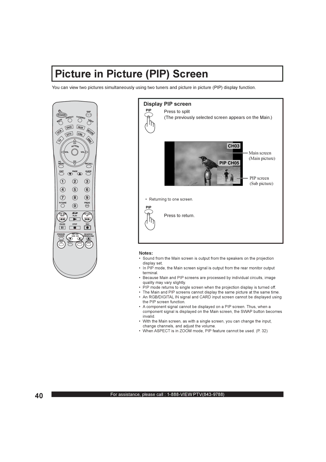 Panasonic PT-50LC13, PT-60LC13 manual Picture in Picture PIP Screen, Display PIP screen 