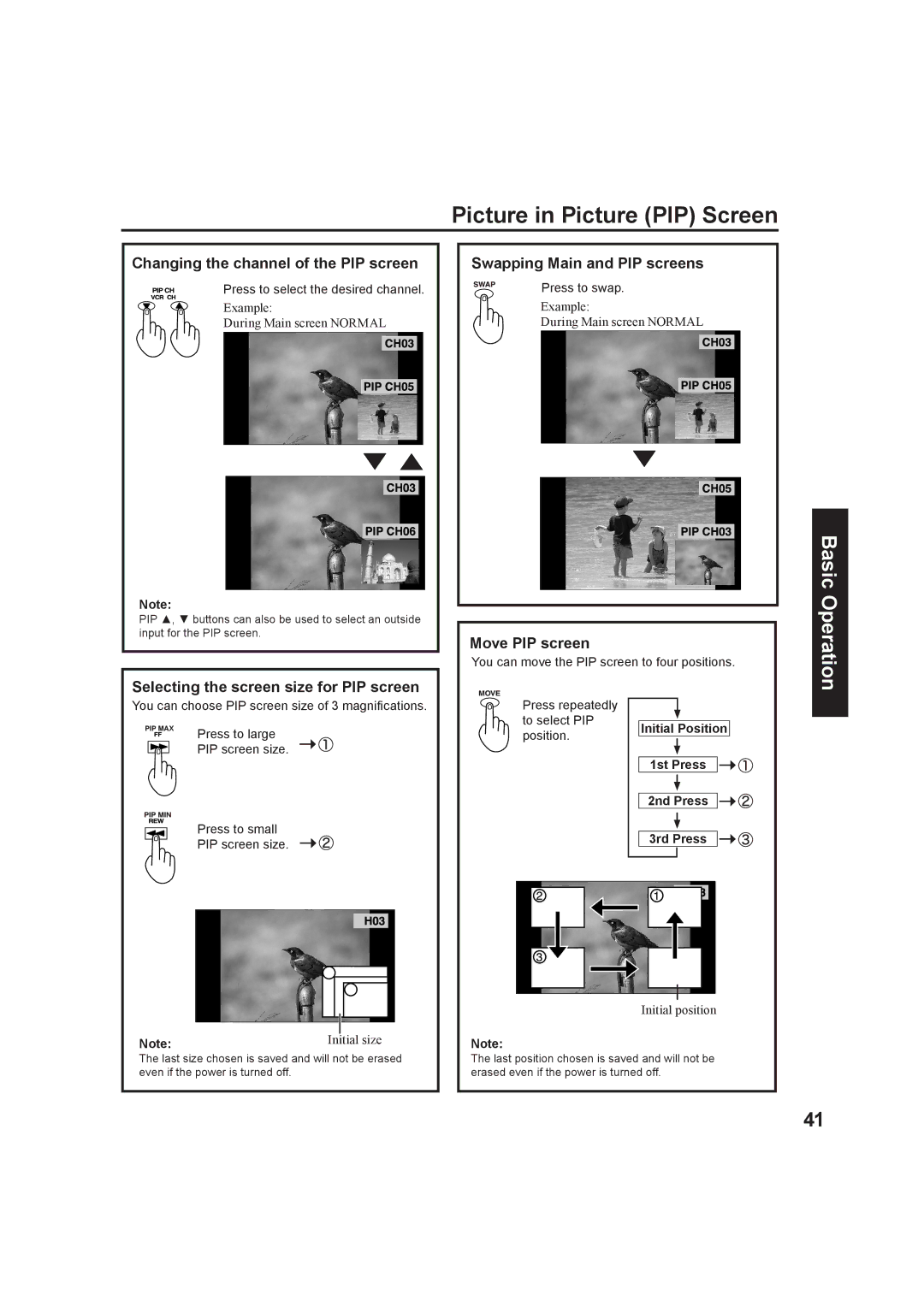 Panasonic PT-60LC13, PT-50LC13 manual Picture in Picture PIP Screen, Changing the channel of the PIP screen, Move PIP screen 