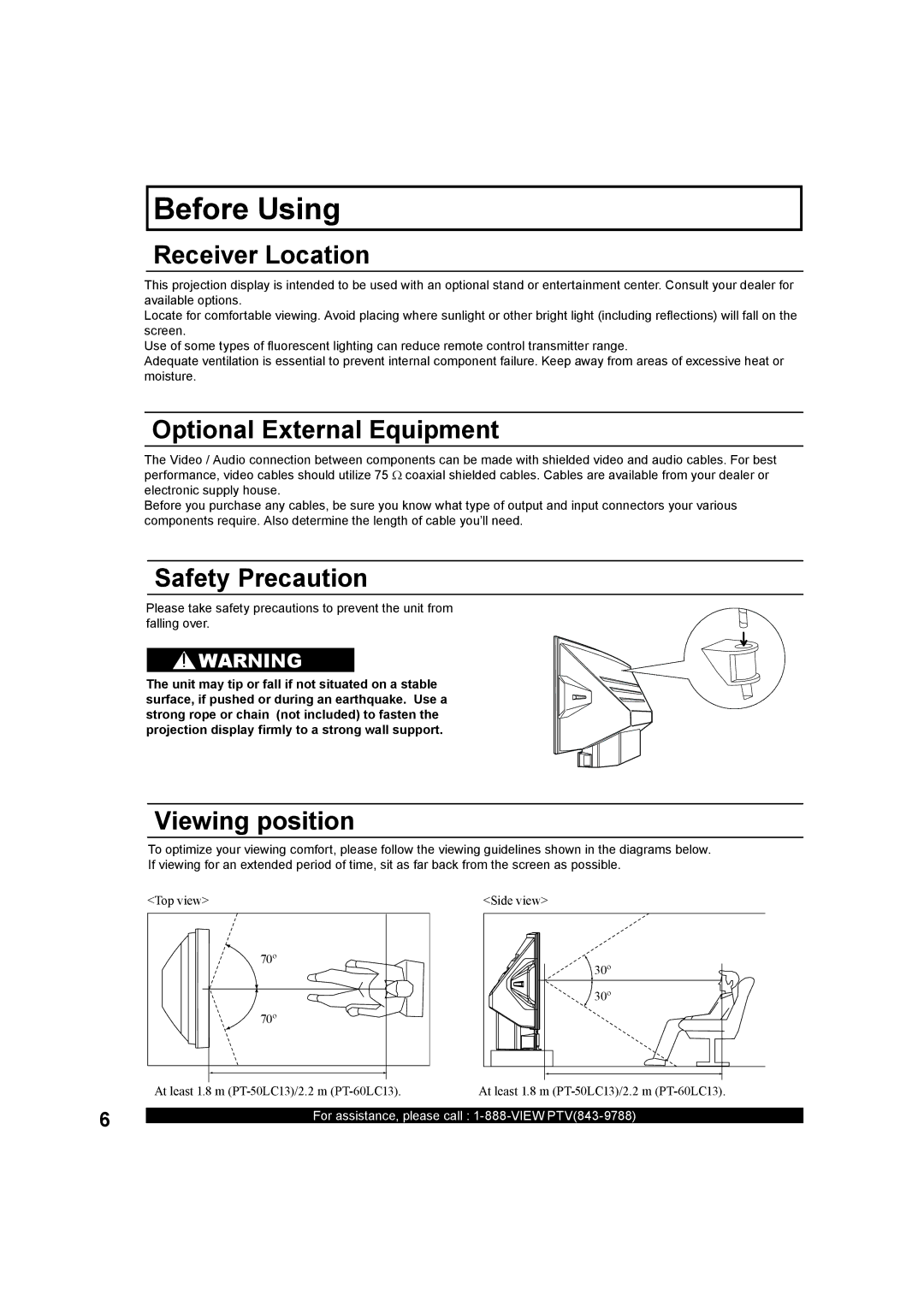 Panasonic PT-50LC13 Before Using, Receiver Location, Optional External Equipment, Safety Precaution, Viewing position 