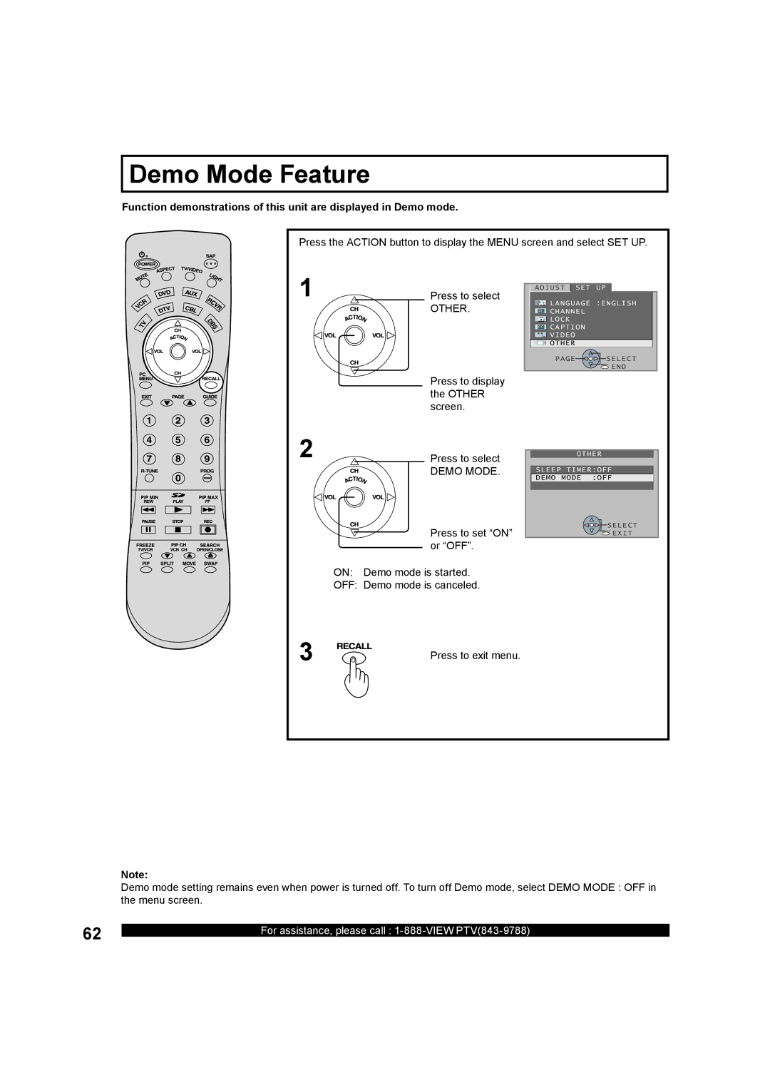 Panasonic PT-50LC13, PT-60LC13 manual Demo Mode Feature, Press to display the Other screen 