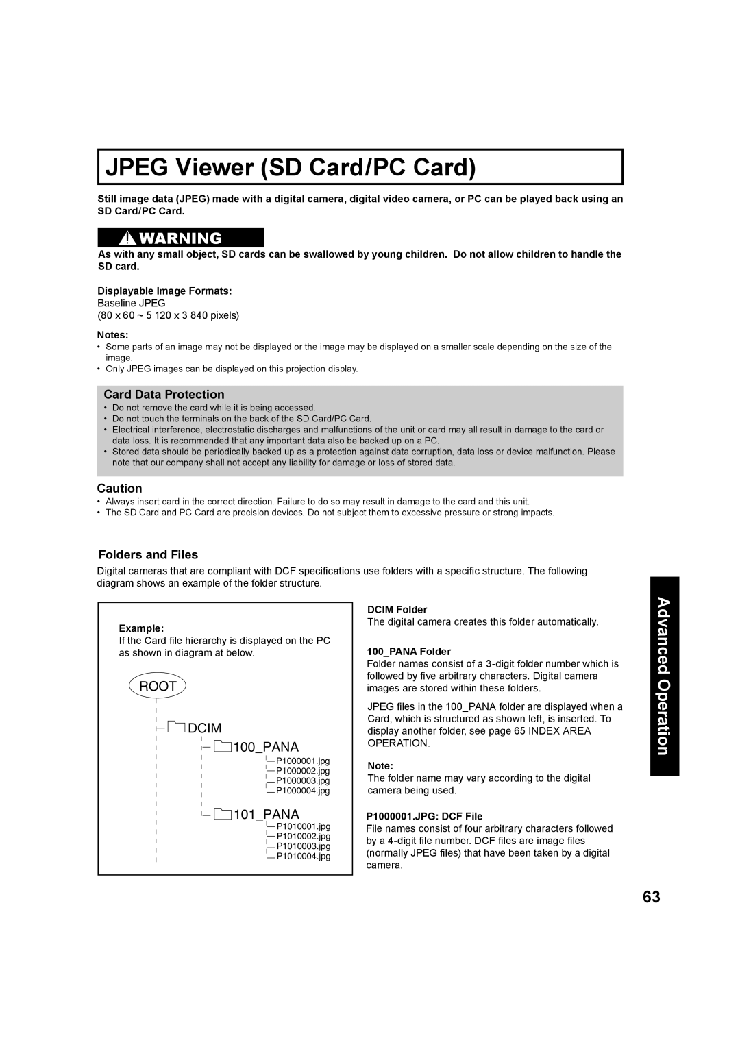 Panasonic PT-60LC13, PT-50LC13 manual Jpeg Viewer SD Card/PC Card, Card Data Protection, Folders and Files 