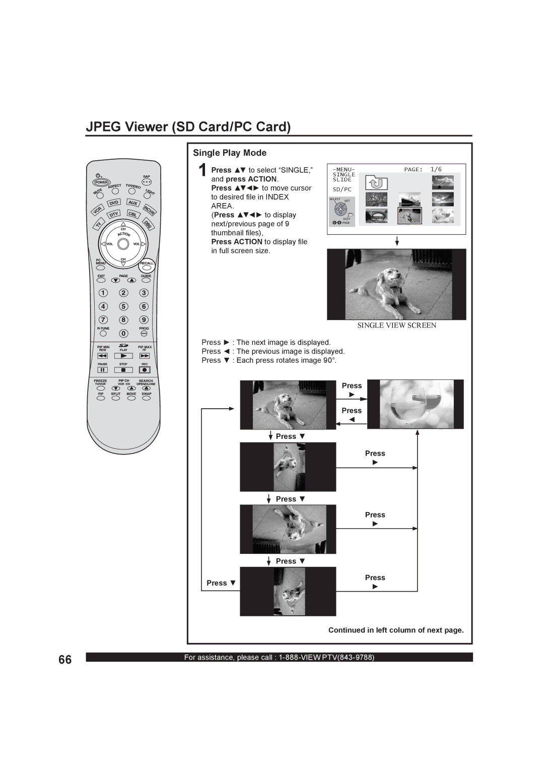 Panasonic PT-50LC13 Single Play Mode, Press to display next/previous page of 9 thumbnail ﬁles, Press Left column of next 